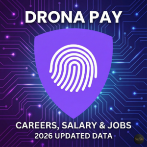 Drona Pay logo featuring a purple shield and fingerprint icon on a digital circuit background, with text Drona Pay Careers, Salary & Jobs 2026 Updated Data.
