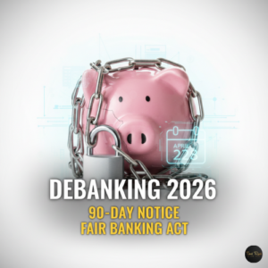 A pink piggy bank wrapped in silver chains and a padlock with digital text overlay "DEBANKING 2026" and a calendar icon showing April 2026.