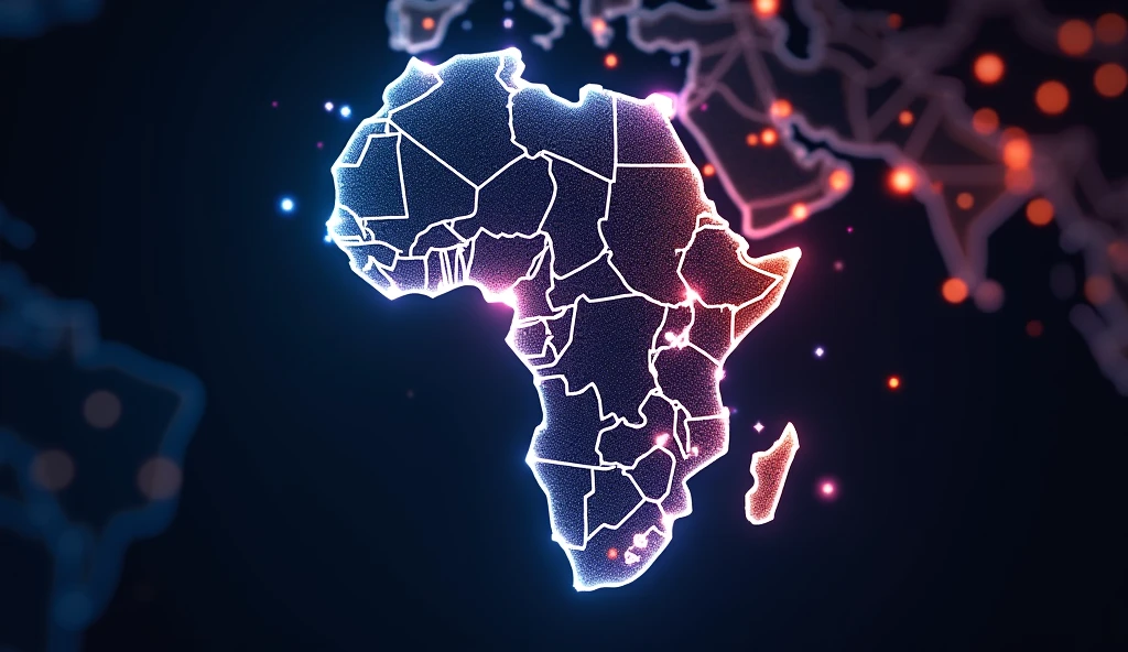 A futuristic digital map of Africa glowing with financial nodes and connecting lines, symbolizing digital finance and inclusion across the continent, with vibrant colors and a tech-style background.
