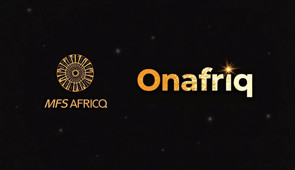 A sleek rebranding concept showing a transformation from “MFS Africa” to “Onafriq”, with the name "Onafriq" illuminated and stylized in African geometric design patterns and digital symbols.