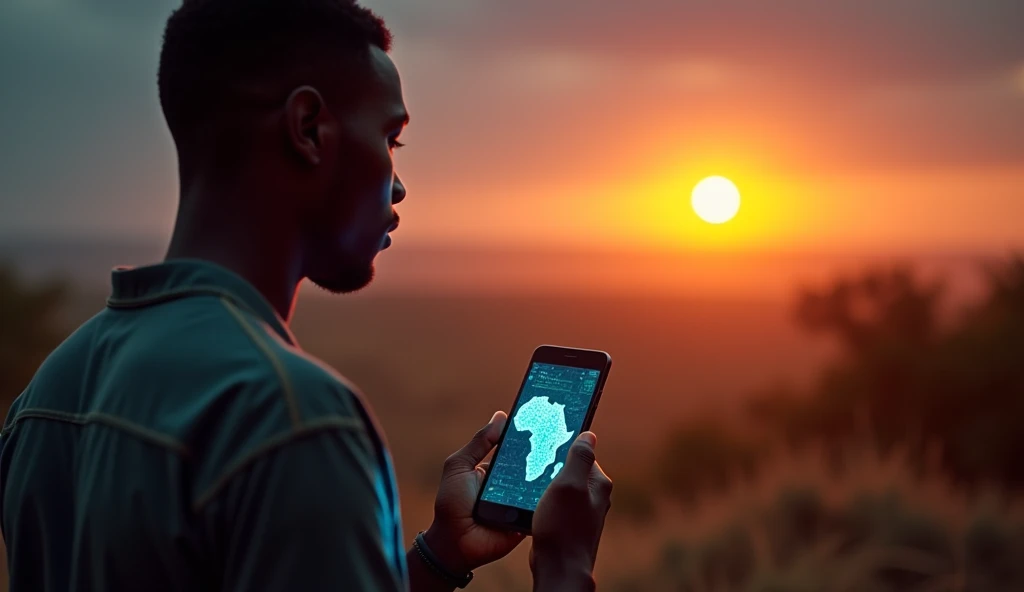 An African tech entrepreneur holding a mobile phone glowing with a futuristic interface, looking toward a sunrise over a digital map of Africa, symbolizing hope, innovation, and unity.