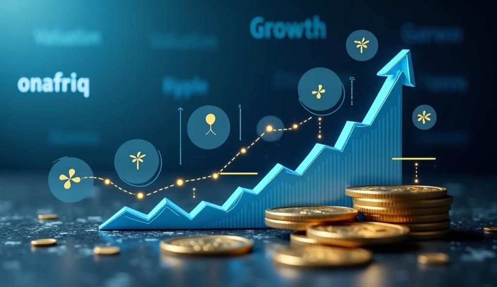 A rising financial chart with the Onafriq logo, Ripple partnership symbols, and digital coins. Headlines floating in the background with words like “Growth”, “Valuation”, and “Expansion”.