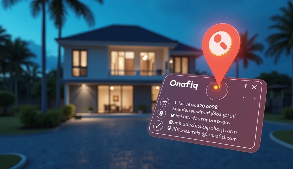 An office building in Mauritius with a glowing location pin labeled “Onafriq”, and a floating contact card showing a phone number, email, and social media icons.