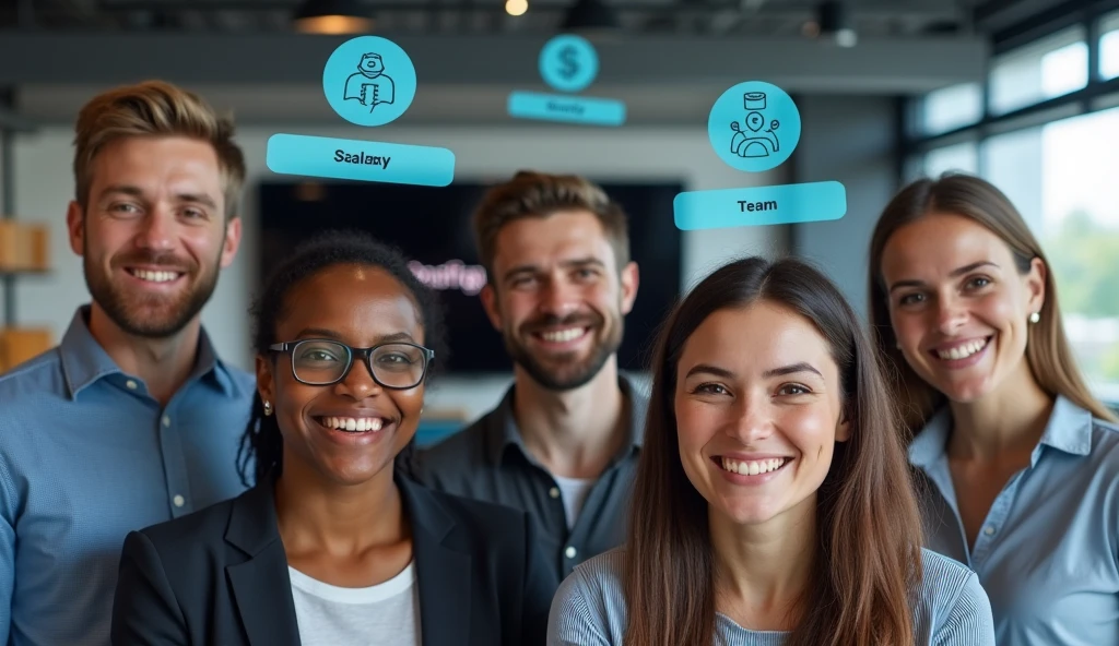 A diverse group of professionals smiling in a modern tech office, with floating icons showing salary, growth, and teamwork. A screen behind them displays the Onafriq logo and “Careers”.