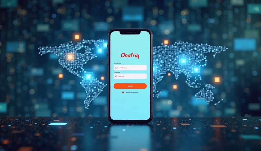 A smartphone screen displaying the Onafriq login screen, with a clean, modern UI. Behind it, a digital portal or network hub representing connectivity and fintech integration.


