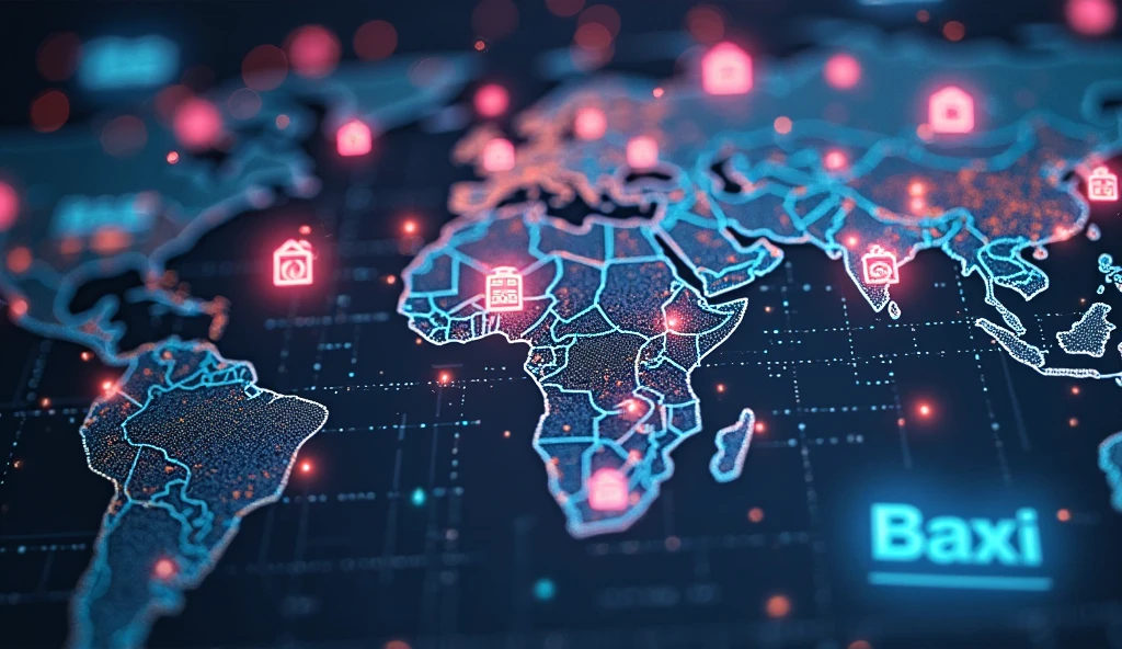 A tech dashboard showcasing mobile payments, blockchain transactions, and POS systems labeled “Baxi by Onafriq”, with icons for banks, phones, and networks floating around an African map.