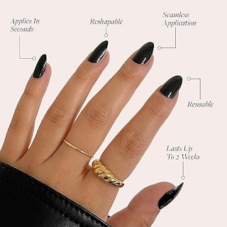 a girl hand with black nails and show the feature of each nail