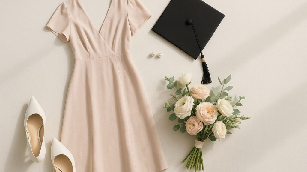 Flat lay of a pastel graduation dress with heels, earrings, cap, and bouquet — perfect 2025 graduation look.