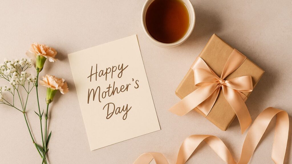 Cozy flat lay of Mother's Day gifts: a handwritten note, wrapped gift box, cup of tea, fresh flowers, and silk ribbon on a pastel background.