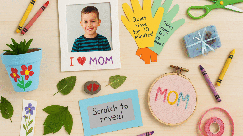 Handmade Mother’s Day crafts by kids, including a flower pot, photo frame, and art supplies.