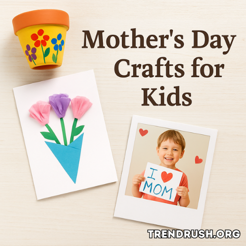 A simple display of handmade Mother's Day crafts by kids, including a flowerpot, a greeting card, and a photo frame, on a wooden surface.