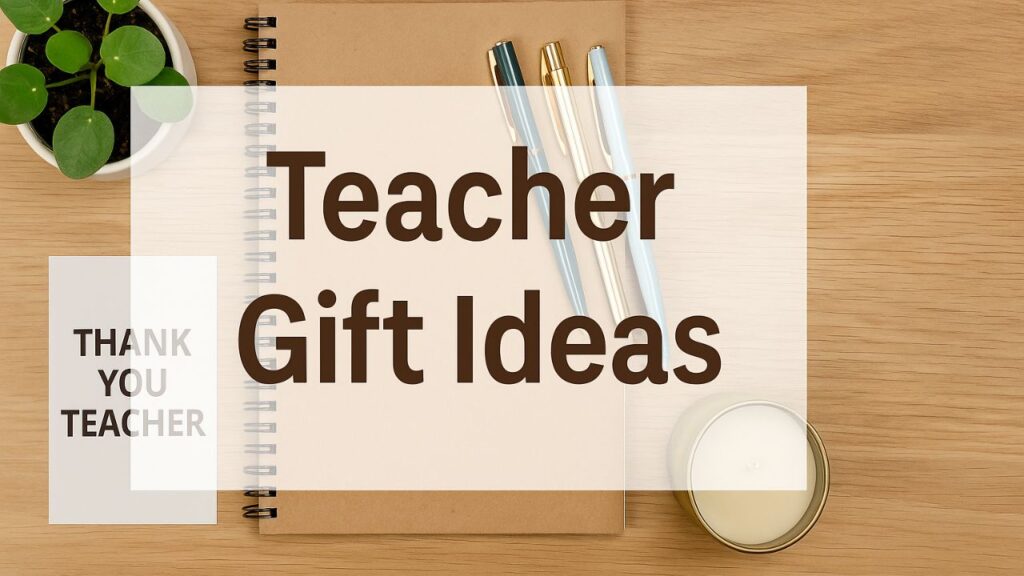 Thoughtful Teacher Gift Ideas including candles, plants, and a thank-you card arranged on a desk.