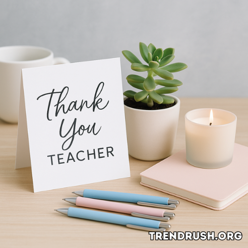 A flat lay image featuring a "Thank You Teacher" card, a notebook, pens, a candle, and a potted plant on a wooden table — a cozy setup representing thoughtful Teacher Gift Ideas.