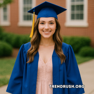 A young woman wearing a stylish pastel graduation dress poses confidently in natural light, ready for her 2025 graduation ceremony.