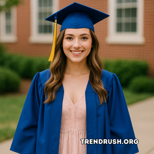A young woman wearing a stylish pastel graduation dress poses confidently in natural light, ready for her 2025 graduation ceremony.