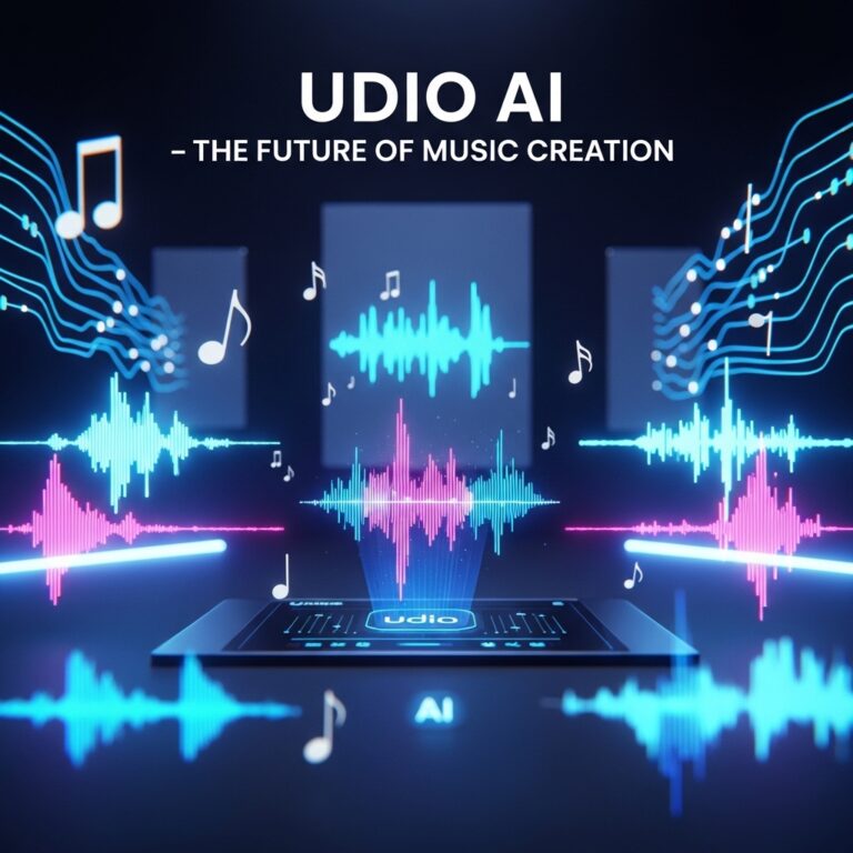 A futuristic digital music studio with glowing holographic sound waves, AI-generated audio visualizers, and neon lights representing Udio AI music creation.
