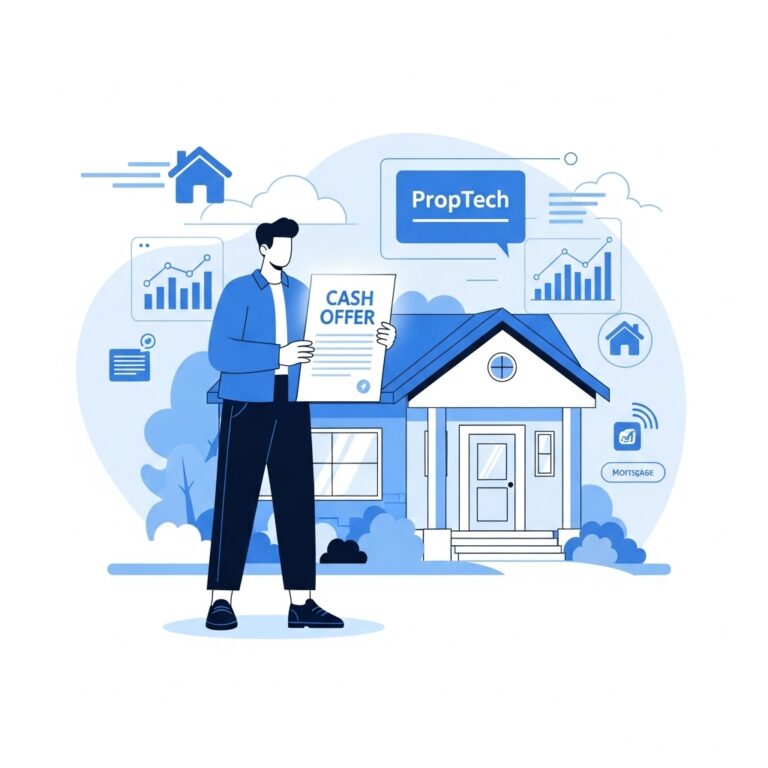 Illustration of a homebuyer holding a cash-offer document in front of a new house, representing UpEquity’s fast and modern home-buying process.