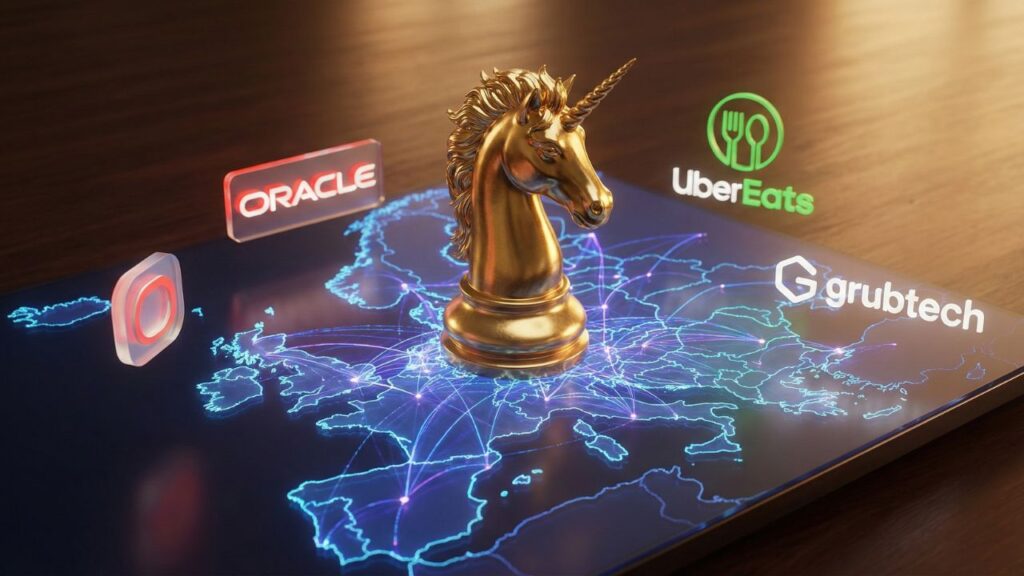 3D unicorn chess piece on a European map symbolizing Grubtech's market expansion and Series B funding.