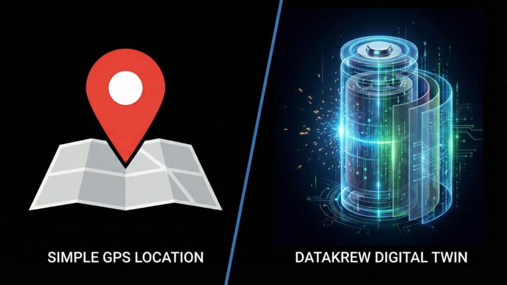 A conceptual illustration comparing a standard GPS map pin against Datakrew's complex 3D battery analytics model.