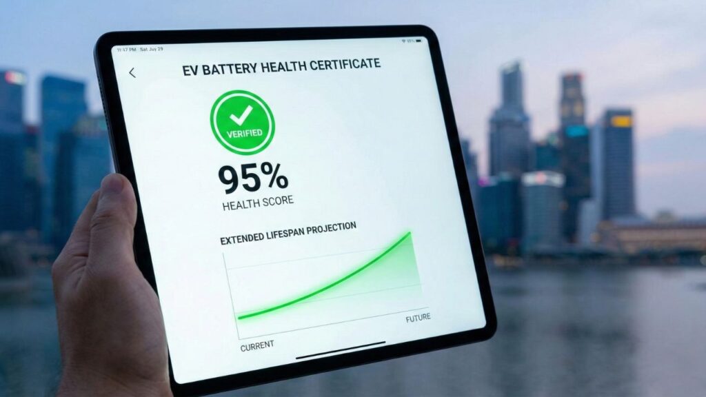 A digital EV battery health certificate displayed on a tablet screen showing a high health score and extended lifespan graph.