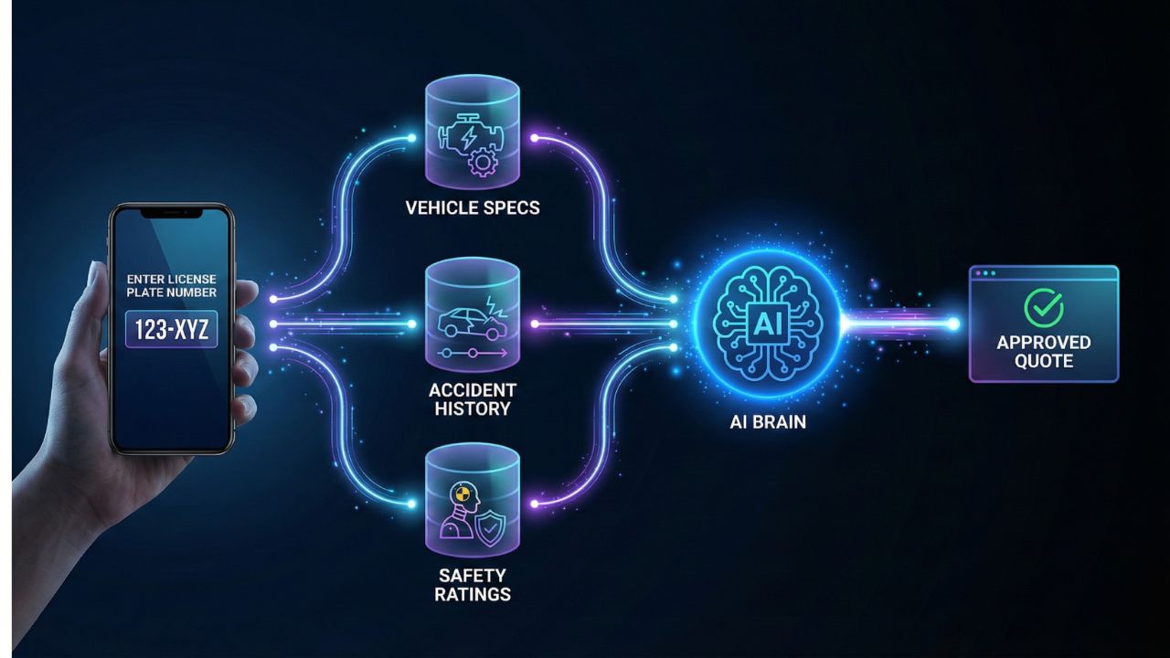 A digital flowchart showing how Ominimo AI retrieves public vehicle data instantly using just a license plate number.