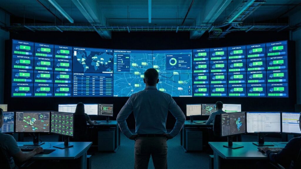 A fleet manager monitoring the health and status of multiple electric delivery trucks on a large wall of data screens.