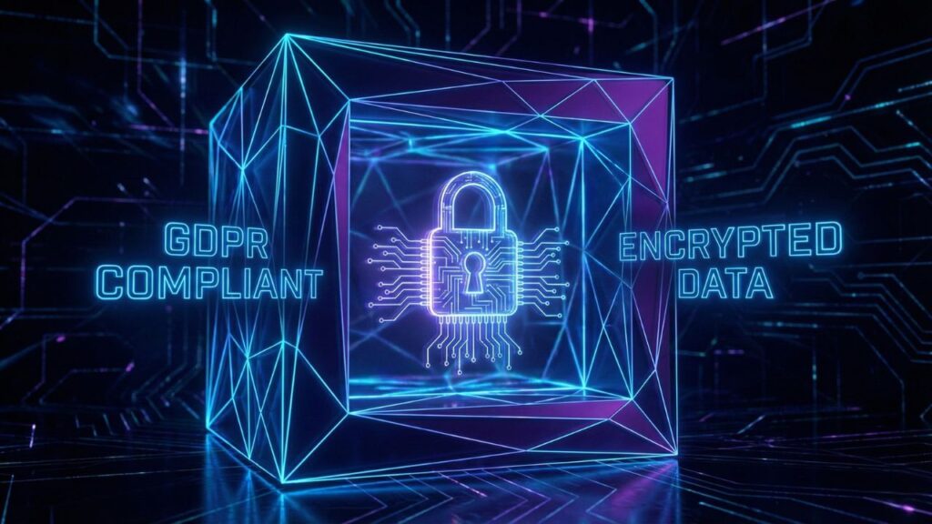 A high-tech digital vault with an AI padlock representing secure, GDPR-compliant data protection in insurtech.