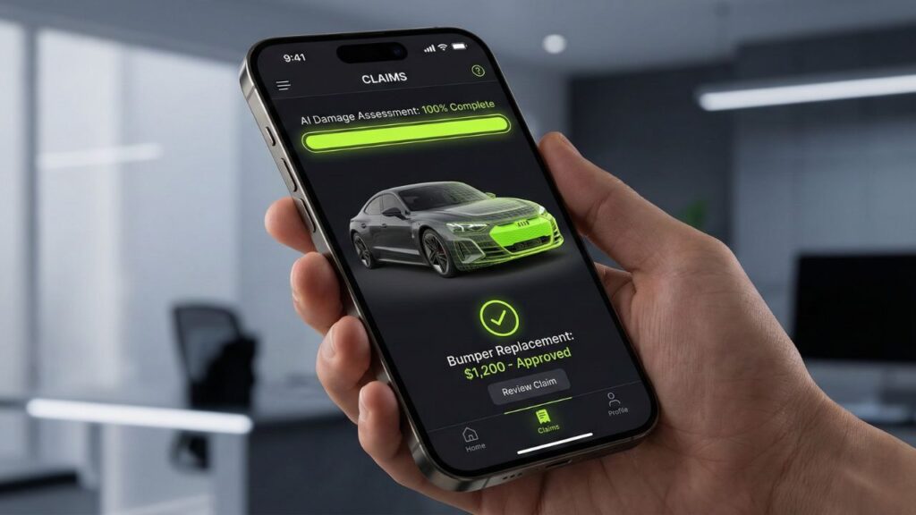 A modern smartphone displaying a digital auto insurance app for fast, AI-powered online claim processing.