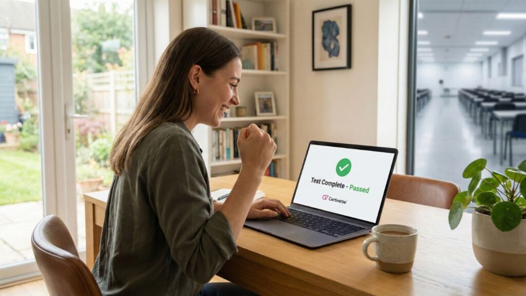 A relaxed professional taking a secure online certification exam from home using Certiverse remote proctoring.