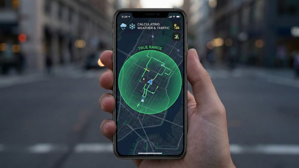 A smartphone app displaying a precise EV true range estimate on a map, accounting for real-time traffic and weather conditions.