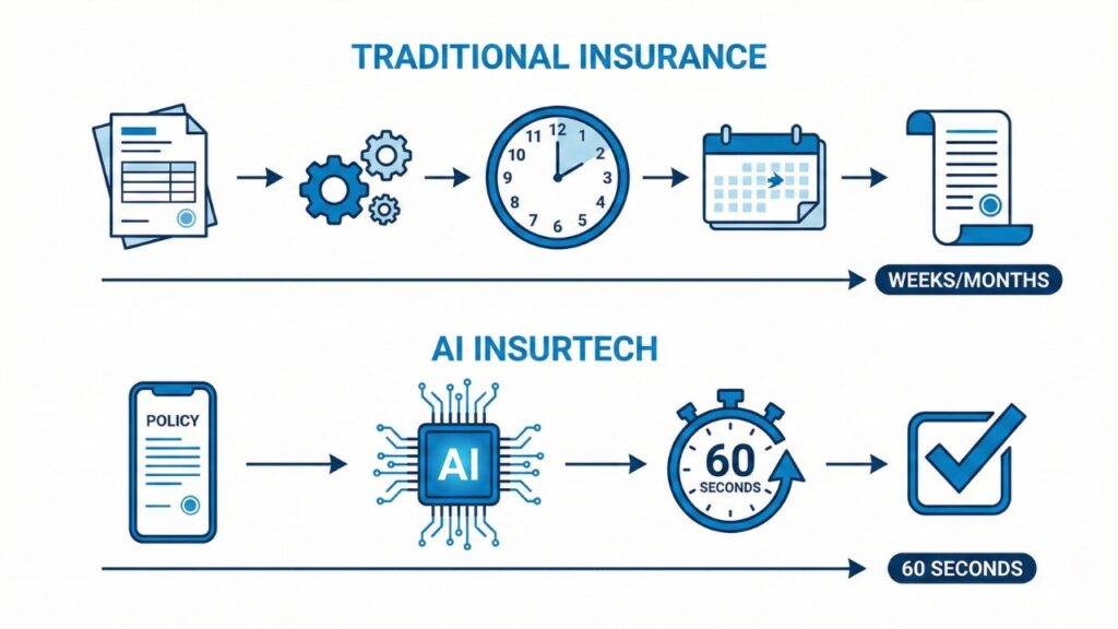 A timeline comparing traditional multi-day car insurance approval with Ominimo's instant 60-second AI quote process.