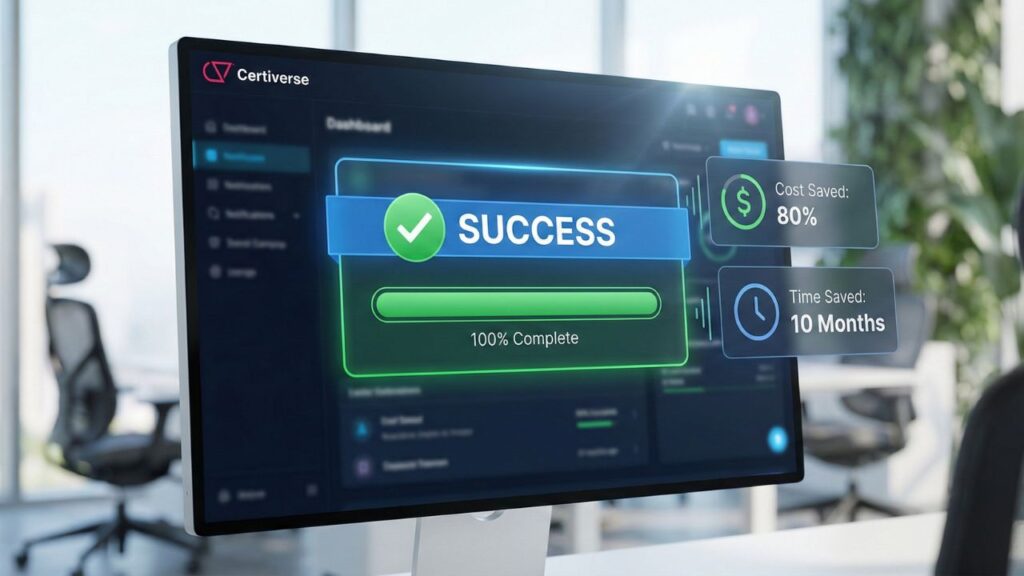 Certiverse dashboard interface displaying 80% cost savings and rapid exam launch timelines.