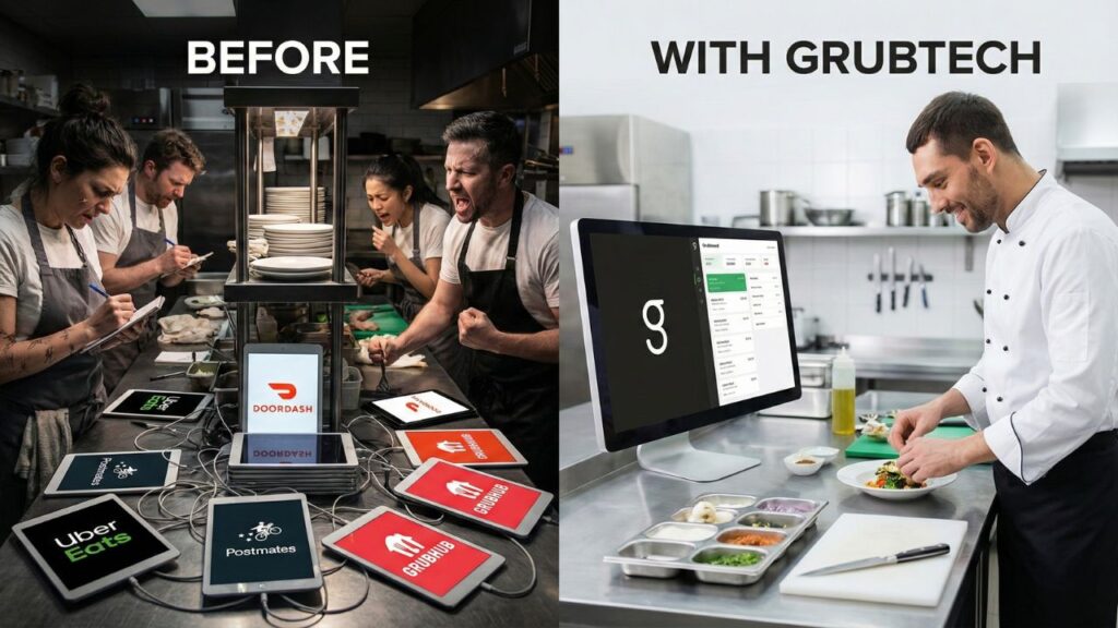 Comparison of a chaotic restaurant counter with multiple tablets versus a clean counter using Grubtech's single unified dashboard.