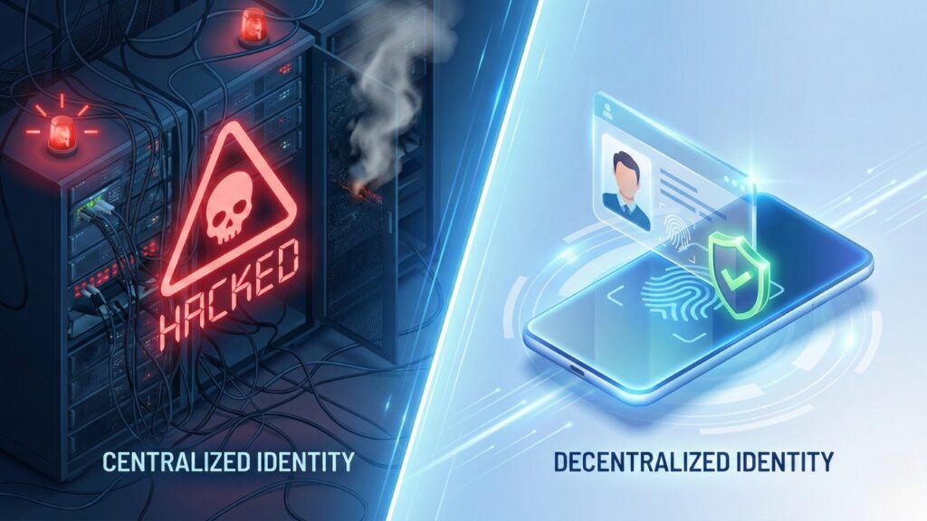 Comparison of centralized server risks vs. secure decentralized digital identity wallet.