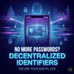 Futuristic smartphone displaying a secure Digital ID card with shield and fingerprint icons, set against a background of US and UK landmarks. Text overlay reads: "No More Passwords? Decentralized Identifiers Secure Your Digital Life.