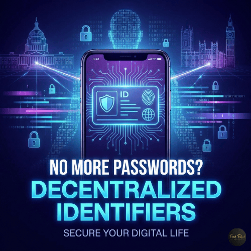 Futuristic smartphone displaying a secure Digital ID card with shield and fingerprint icons, set against a background of US and UK landmarks. Text overlay reads: "No More Passwords? Decentralized Identifiers Secure Your Digital Life.