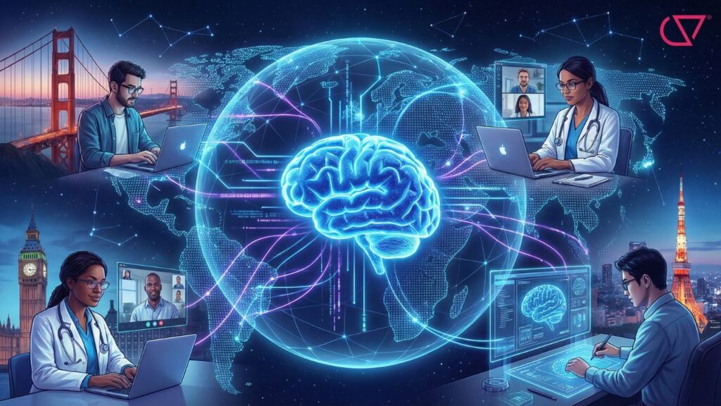 Digital network of global subject matter experts collaborating on exam questions through the Certiverse cloud system.