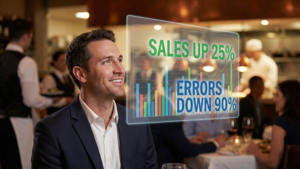 Futuristic restaurant analytics dashboard displaying real-time sales data and order accuracy metrics.
