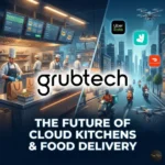 Feature image showing a split screen: a modern commercial cloud kitchen with chefs on the left and a futuristic city with delivery drones and scooters on the right, with the Grubtech logo and text "The Future of Cloud Kitchens & Food Delivery."