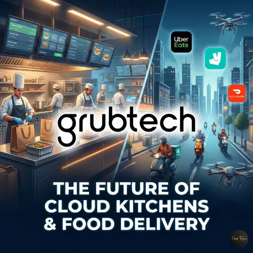 Feature image showing a split screen: a modern commercial cloud kitchen with chefs on the left and a futuristic city with delivery drones and scooters on the right, with the Grubtech logo and text "The Future of Cloud Kitchens & Food Delivery."