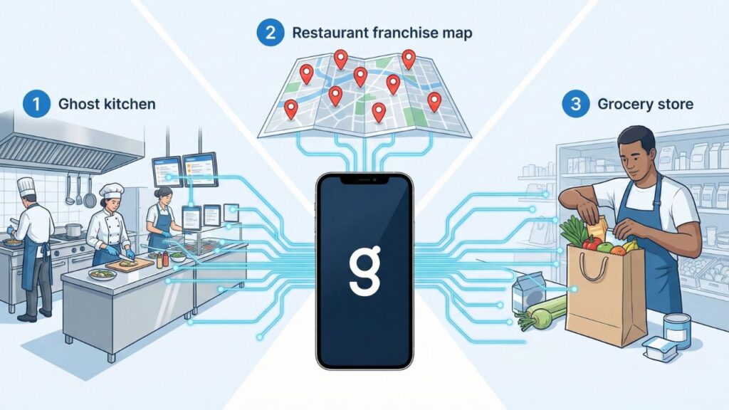 Illustration depicting Grubtech solutions for cloud kitchens, multi-location franchises, and quick commerce grocery stores.