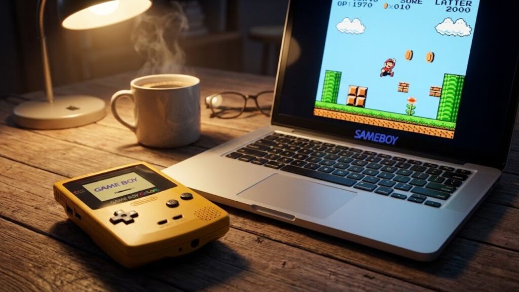 A modern laptop running a retro game alongside a vintage yellow Game Boy Color console in a cozy setting.