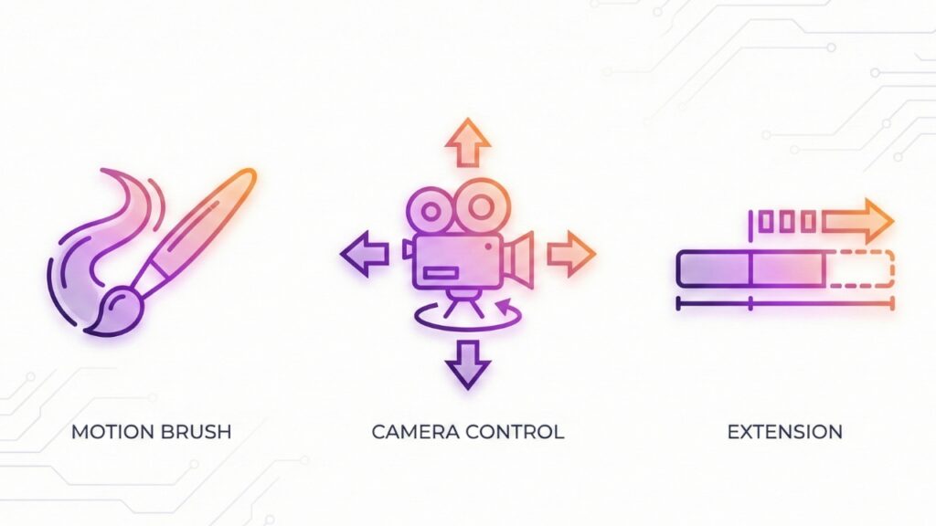 Kling AI features including motion brush and camera control tools.