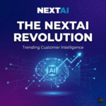 A futuristic graphic for NextAI showing a glowing digital brain and an upward-trending data line, with the text "The NextAI Revolution: Trending Customer Intelligence" on a dark blue background.
