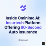 Square graphic with a light blue and purple gradient background. At the top center is a purple abstract "S" logo. Below it, large bold dark blue text reads "Inside Ominimo AI: Insurtech Platform Offering 60-Second Auto Insurance", with "Insurtech" and "60-Second" highlighted in purple. At the bottom center, smaller dark blue text reads "Ominimo.ai".