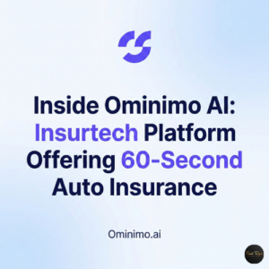 Square graphic with a light blue and purple gradient background. At the top center is a purple abstract "S" logo. Below it, large bold dark blue text reads "Inside Ominimo AI: Insurtech Platform Offering 60-Second Auto Insurance", with "Insurtech" and "60-Second" highlighted in purple. At the bottom center, smaller dark blue text reads "Ominimo.ai".