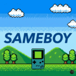 A square featured image for an article, displaying the dark blue text "SAMEBOY" across the center. The text is superimposed on a pixel-art landscape featuring green hills, a blue sky with fluffy white clouds, and a retro Game Boy Color console at the bottom center.