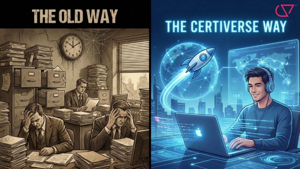 Split-screen illustration comparing messy traditional exam creation with the streamlined, digital Certiverse AI platform.