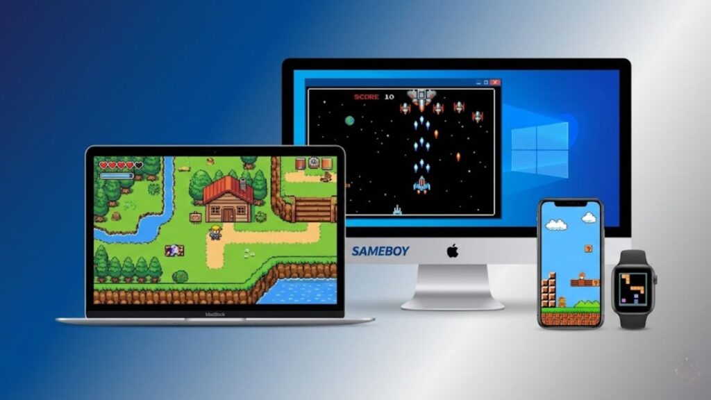An illustration depicting retro games running on various devices including a MacBook, Windows PC, iPhone, and Apple Watch.