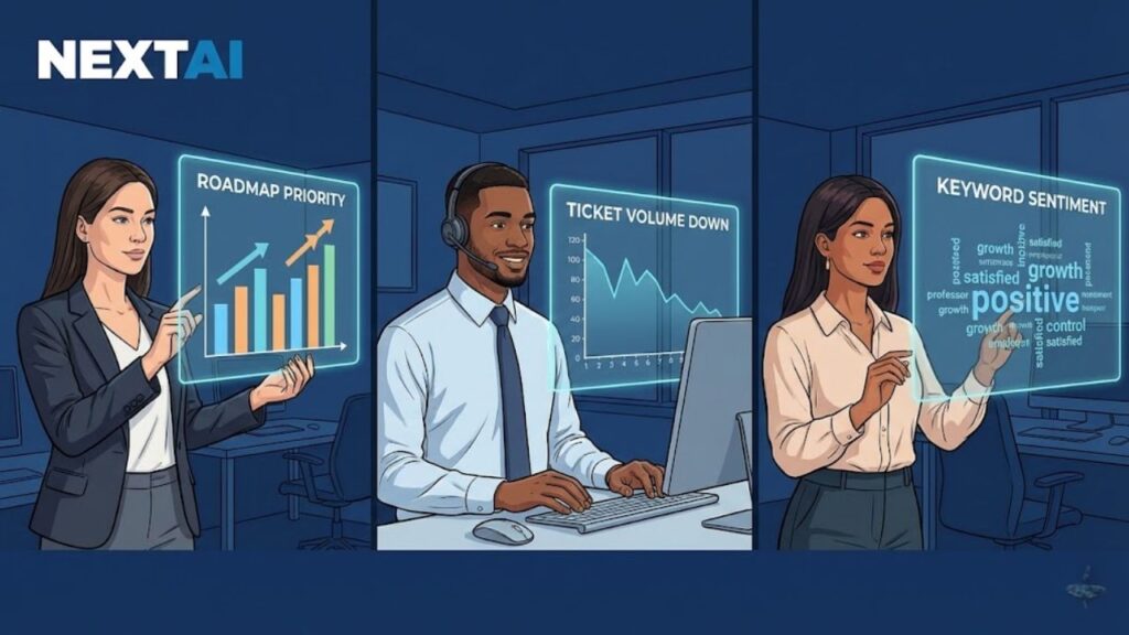 Three user personas (Product Manager, Support Lead, Marketer) utilizing NextAI for different goals.